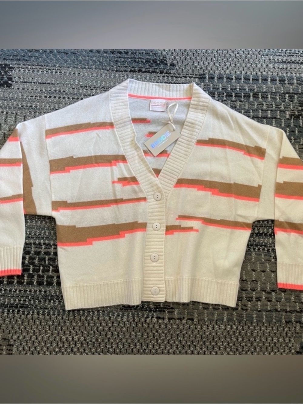 Brodie Cashmere Cream Cropped Cardigan with Tan and Coral Stripes